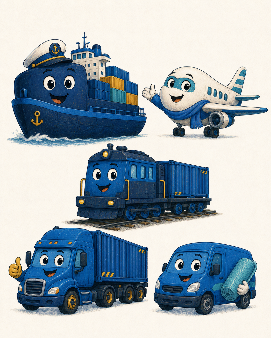 Friendly ship, plane, train, truck, and van Cargo Crew characters