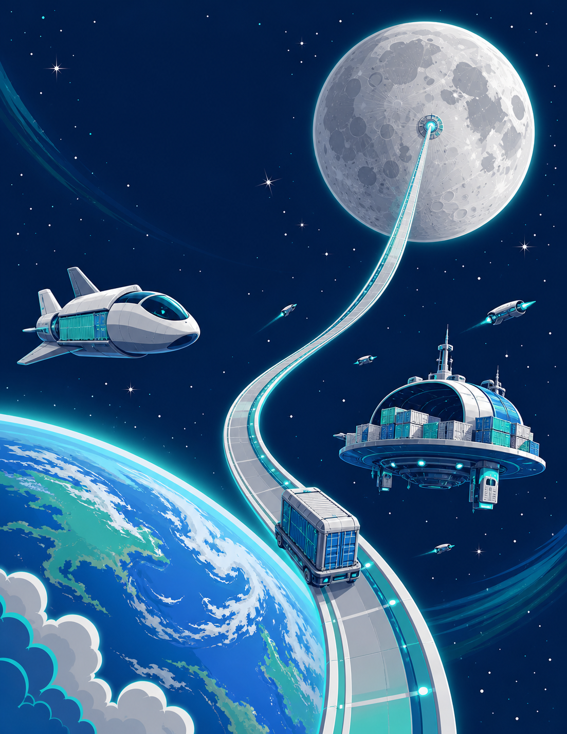 A friendly Moon cargo scene from the Mallory on the Moon coloring adventure